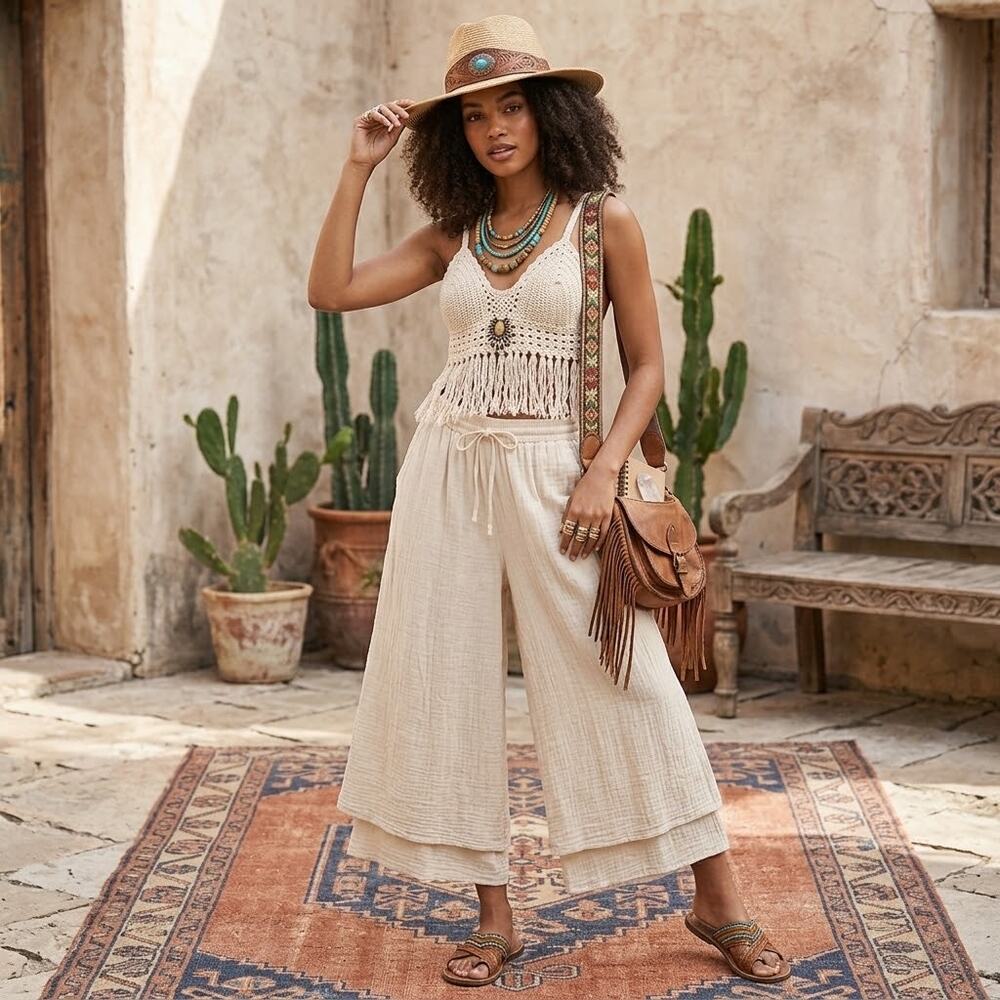St. Tropez Cotton Wide Leg Double Layered Pants Drawstring Cream XL